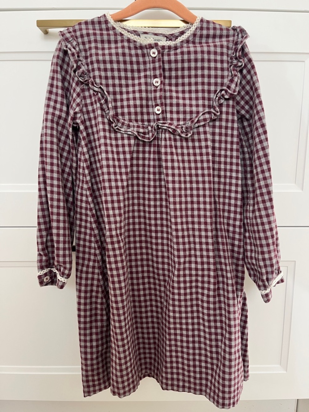 Petite Lucette Girls Burgundy & Cream Gingham Button Front Dress